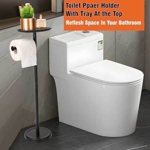 Tofix Freestanding Toilet Paper Holder with Shelf and Tray, Stainless Steel Base, Black - Image 2