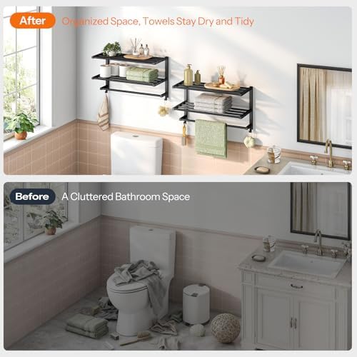 HOOBRO 23.8" Towel Rack for Bathroom, 3 Tier Towel Shelf with Tower Bars, Bathroom Storage Organizer for Towels and Toiletries, Towel Holder Wall Mounted with 2 Hooks, Black BK08LB01 - Image 5