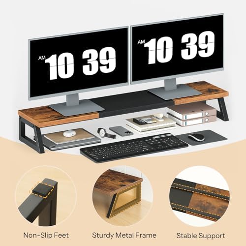 HOOBRO Dual Monitor Stand Riser, 39 Inch Large Computer Monitor Stand for 2 Monitors, Computer Monitor Riser, Desk Shelf Organizer for Office Desk, Accessories, Rustic Brown and Black BF121CJ01 - Image 4