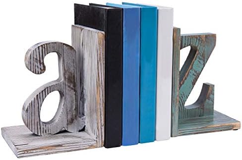 MyGift Wood Bookends, Book Ends for Shelves with Decorative White and Blue Alphabet A and Z Design, Book Stopper for Heavy Books, Home Office Desktop Decor, Vintage by MyGiftHome