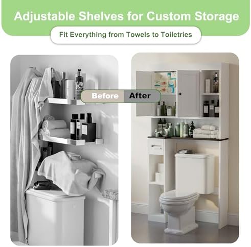 Over The Toilet Storage Cabinet with 7 Shelves, Imitation Walnut Grain Above Toilet Bathroom Organizer with Toilet Paper Holder Stand, Space Saver for Restroom, Laundry, Bathroom (White) - Image 5