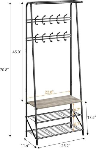OUTLANE Entryway Hall Tree with 10 Hooks, Shoe Bench & Storage Shelf, Coat Rack Organizer with Wood Accents and Metal Frame for Entryway, Living Room, Bedroom, Gray-Double row - Image 2