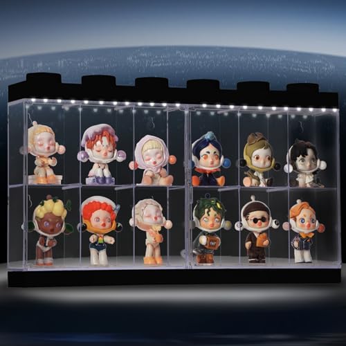 Wall-Mounted Black Acrylic Display Case with White LED Light, 12-Grid Clear Showcase Shelf, No-Assembly Dustproof Organizer for Mini Figures, Collectibles by Lotheove