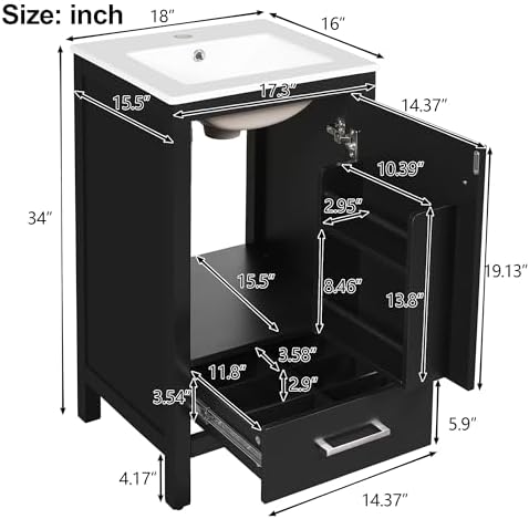 Harper & Bright Designs 18" Bathroom Vanity with Sink, Free Standing Single Vanity Set with One Divider Drawer, and Door Storage Shelf, Wooden Storage Cabinet with Ceramic Basin for Bathroom, Black - Image 2