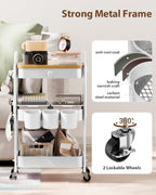 ALVOROG 3 Tier Metal Rolling Cart with Drawer,Wood Top,Pegboards,White - Image 6