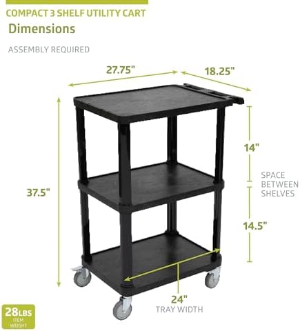 Pearington 3-Tier Compact Multi-Purpose Plastic Utility Cart with Lockable Wheels up to 300LBS, Black - Image 2
