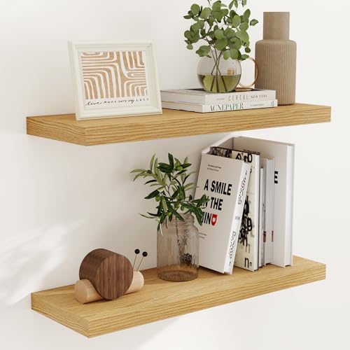 Fun Memories 32" W x 9.3" D Floating Shelves, Rustic Wood Deep Shelves for Bedroom, Kitchen, Living Room, Long Floating Shelf for Wall, Storage Display Wall Shelf for Books Decor, Oak by FunMemories