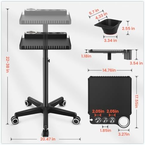 TASALON Black Salon Rolling Tray Cart on Wheels, Portable Braiding Hair Rack with Magnetic Hair Dye Bowls, Heat-Resistant Tool Rack for Salon Storage, Rolling Tool Cart & Hairstylist Station Organizer - Image 6