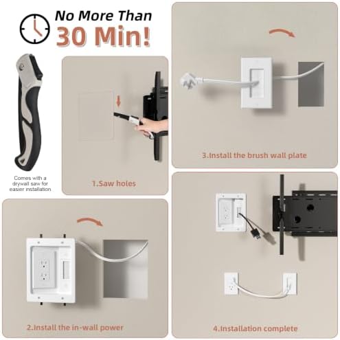 in Wall Cable Management Kit with Brush Wall Plate TV Wire Hider for Wall 2AC Recessed Outlet Box 9.8ft Cord for TV Gaming Consoles Soundbars Home Theater Setups - Image 5