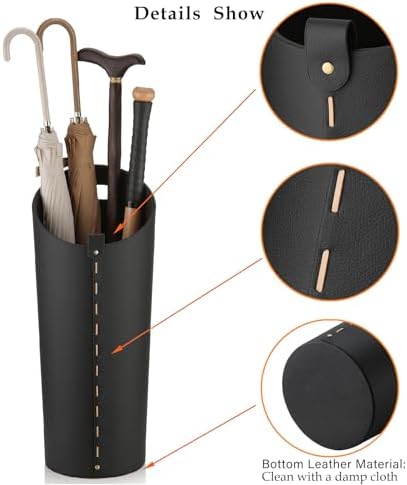 Black Umbrella Holer for Entryway with Drip Tray and 2 Steel Hooks Leahter Tall 22.44 Inches Umbrella Stand Rack Indoor Can Store 10 Golf Umbrellas or Crutches Toy Swords etc - Image 6