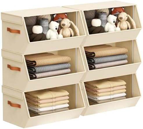Stackable Closet Organizers and Storage Bins, Open Front Closet Shelf Organizer System With Steel Frame, Clothes Storage Basket Fabric, Collapsible Closet Drawers for Wardrobe, Nursery ,Toy, 6 Pack by DiMJ
