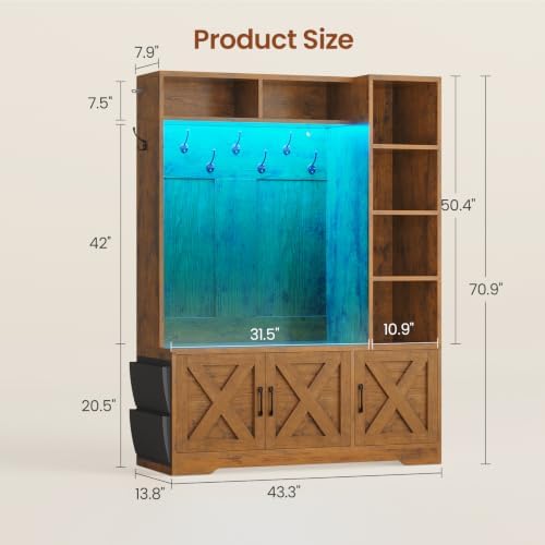Itaar Hall Tree with Bench and Shoe Storage, Farmhouse Entryway Bench with Coat Rack, Shoe Cabinet with Adjustable Shelves, 6 Storage Cubbies, 10 Coat Hooks, Storage Bag, Led Lights, Rustic Brown - Image 2