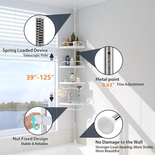 Corner Shower Caddy Tension Pole, 4 Adjustable Shelves, 39-125 Inch, White - Image 3