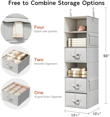 6-Shelf Hanging Closet Organizer with 3 Fabric Drawers, Silver Gray - Image 3