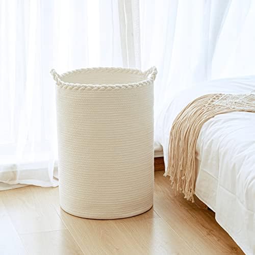 58L Woven Laundry Basket,Cotton Tall Laundry Hamper for Blankets,Clothes,Pillows,Toys,Shoes Large Laundry Bin White - Image 3