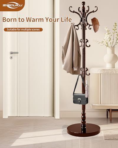 Wooden Coat Rack Freestanding, Solid Wood Coat Rack Stand with 14 Hooks, Vintage Heavy Duty Standing Coat, Sturdy Jacket Hanger Tree Stand for Corner, Office, Entryway - Image 6