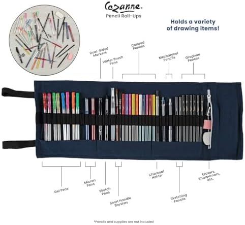 Cezanne Artist Pencil Case - Durable Blue Cotton Canvas Roll-Up Travel Art Case w/ Zipper Art Pouch for Artists, Professionals - Lightweight, Portable Organization - up to 72 Colored Pencils - Image 6