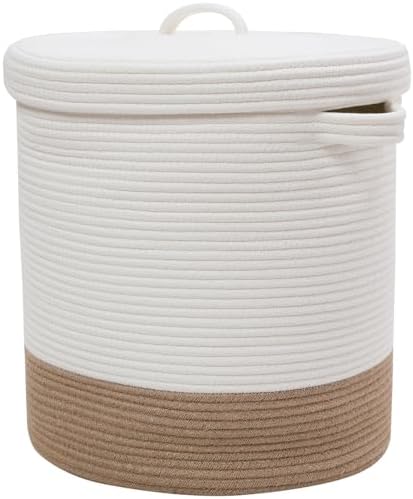 16x18 Inch Extra Large Round Cotton Rope Storage Basket with Lid, Decorative Woven Bin with Cover for Living Room Bedroom Closet, White & Jute by Cottonphant