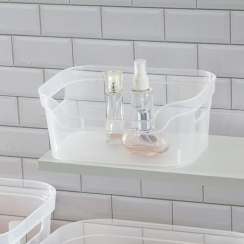 Sterilite 9.5 x 6.5 x 4 Inch Small Open Scoop Front Clear Storage Bin with Comfortable Carry Through Handles for Household Organization (32 Pack) - Image 6