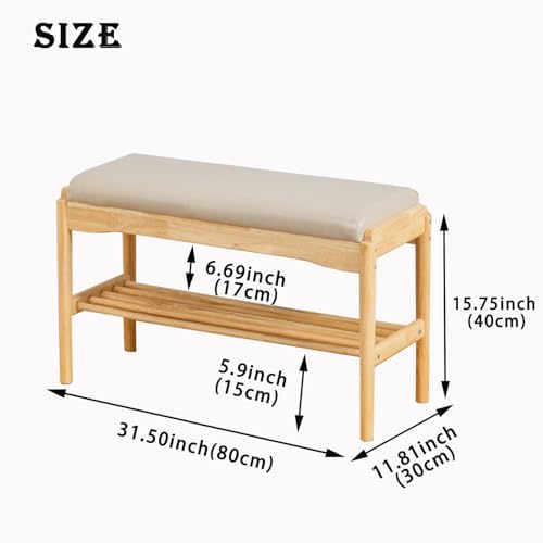 latifolia Small Shoe Bench, Solid Wood Bench with Cushion, 2 Tier Shoe Storage Organizer for Entryway(Nature,31.50''L) - Image 3