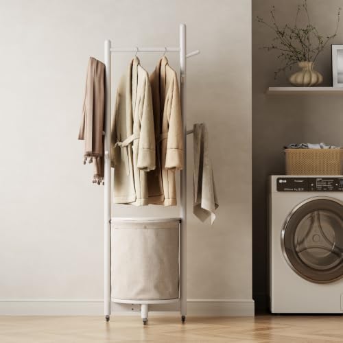 CycleCrew Solid Wood Coat Rack with Fabric Basket - Freestanding Coat Rack Rolling Coat Tree with 9 Hooks Wheels, Small Clothes Rack For Entryway Bedroom Hallway Living Room - Image 6