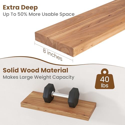 Floating Shelves for Wall Decor, 8" Deep Rustic Solid Elm Wood Floating Shelves Wall Mounted, Wall Shelves with Invisible Bracket for Living Room Bathroom Bedroom Kitchen, 20 Inch Set of 2, Natural - Image 5