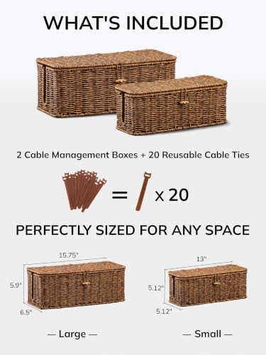 Cable Management Box, Cord Organizer with Lid & Cable Ties - Brown Set - Image 2