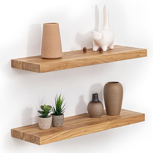 Fun Memories Floating Shelves for Wall, 24"x9.3" Rustic Solid Elm Wood Shelves, Heavy-Duty Wall Mounted Shelves with Invisible Brackets, Set of 2 for Living Room, Bedroom, Kitchen, Natural Finish by FunMemories