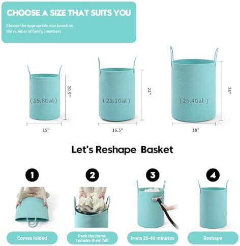 Laundry Basket Hamper Tall Rope Storage Woven for Blanket toys Dirty Clothes in Living Room Bathroom Bedroom (Cyan, 80L/21.3Gal) - Image 2