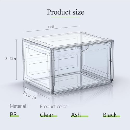 8 Pack XL Shoe Storage Box Organizer,Drop Side Large Shoe Boxes Clear Plastic Stackable Container,Magnetic Sneaker Display Case, Fit up to US 13（13.4”x 10.6”x 8.3”(8 Pack Black) - Image 4