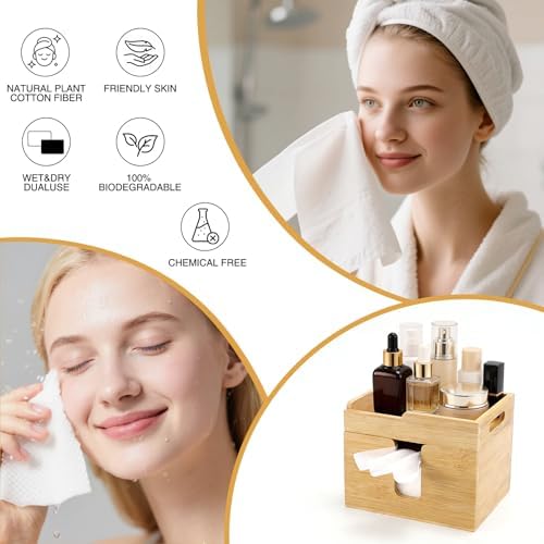 Disposable Facial Towel Holder with 120 XL Towels, Bamboo Organizer - Image 2