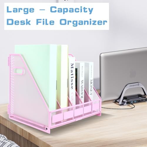 Desk Organizers Metal Magazine File Holder Racks Desktop Folder Storage Binder Organiser Document Organization for Home Office & Classroom,5 Vertical Compartments-Pink - Image 6