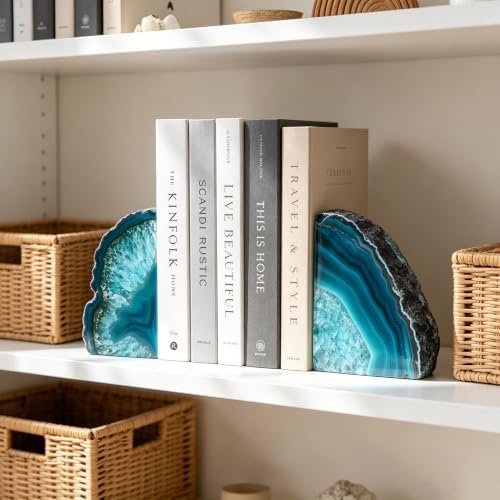 AMOYSTONE Teal Agate Bookends, Decorative Sturdy Book Ends for Study Shelf - Image 2