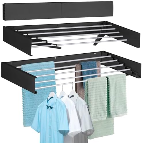FOCHIER F Laundry Drying Rack Wall Mounted Clothes Drying Rack Collapsible with 5 Aluminum Rods and Drilling Template Long Screwdriver Bit 60 lbs Capacity (Black, 40") by FOCHIERF