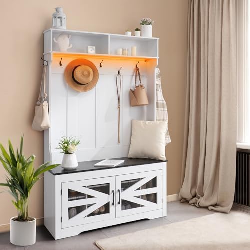 VEVOR Hall Tree Entryway Bench, LED Coat Rack with Shoe Storage, 42" Wide Mudroom Bench with Storage and Seating, Adjustable Shelves and 7 Hanging Hooks, for Mudroom, Entryway, Hallway - Image 2