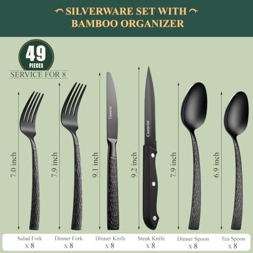 49 Pieces Black Silverware Set with Bamboo Organizer,Tree Pattern black - Image 2