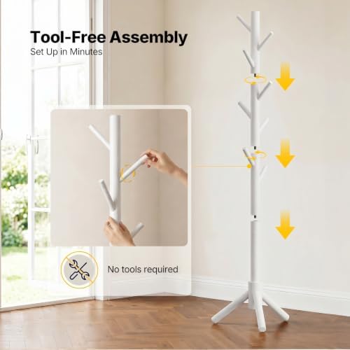 AMADA Solid Wooden Coat Rack Freestanding with 8 Hooks, White - Image 5