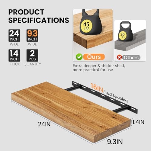 Fun Memories Floating Shelves for Wall, 24"x9.3" Rustic Solid Elm Wood Shelves, Heavy-Duty Wall Mounted Shelves with Invisible Brackets, Set of 2 for Living Room, Bedroom, Kitchen, Natural Finish - Image 4