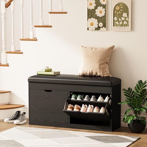 40" Shoe Storage Bench with Flip Drawers Padded Seat Cushion, Shoe Cabinet with Lift Top Storage Box, Shoe Bench Shoe Organizer for Entryway, Hallway, Living Room, Black - Image 3