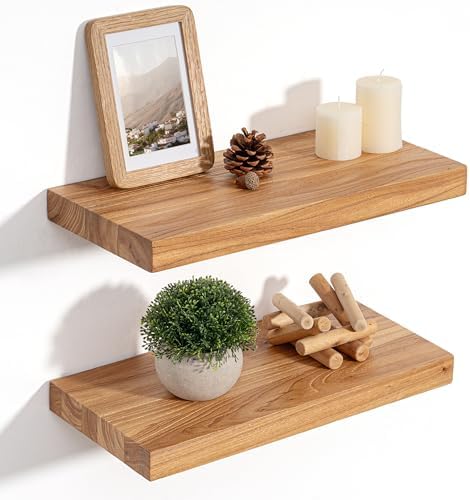 Floating Shelves for Wall, 8" Deep Rustic Solid Elm Wood Floating Shelves Wall Mounted, Wall Shelves with Invisible Bracket for Living Room Bedroom Bathroom Kitchen, 15.7 Inch Set of 2, Natural by FLYJOE