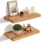 Floating Shelves for Wall, 8" Deep Rustic Solid Elm Wood Floating Shelves Wall Mounted, Wall Shelves with Invisible Bracket for Living Room Bedroom Bathroom Kitchen, 15.7 Inch Set of 2, Natural by FLYJOE