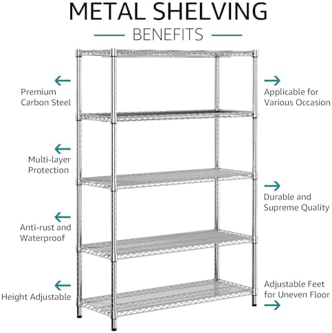 IZEUK 4250 LBS Garage Shelving Wide Storage Shelves 5 Tier Metal Shelves Heavy Duty Adjustable Utility Shelf Rack Chrome 17.7" D x 59.1" W x 70.4" H - Image 5