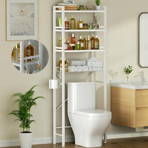 4 Tiers Over The Toilet Storage,Bathroom Organizers and Storage Shelves with Toilet Paper Holder and 9 Hooks,Toilet Rack for Cabinet Organizer,White by QUJEON