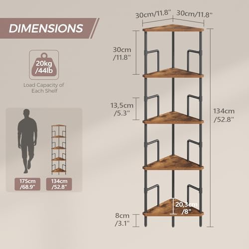 MAHANCRIS 5-Tier Corner Shelf, 52.8" Tall Corner Bookshelf with Metal Frame, Narrow Display Shelf Stand, Industrial Corner Bookcase for Living Room, Bedroom, Home Office, Rustic Brown CSHR5501 - Image 2
