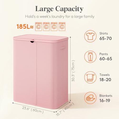 Lifewit 185L 3 Section Laundry Hamper with Lid, Laundry Basket, Pink - Image 2