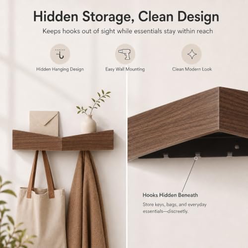 Coat Rack Wall Mount with Hidden Hooks,Wall Hooks with Shelf Wooden Decorative Coat Hook Hat Rack Entryway Key Holder Organizer Tray for Kitchen Bathroom Towels Clothes Hanger - Image 3