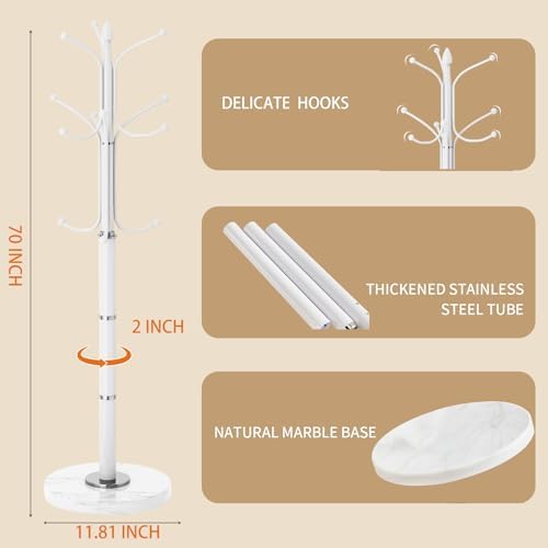Metal Coat Rack Stand, Modern Freestanding Coat Rack with Natural Marble Base,White Coat Racks and Coat Hall Tree Hanger Stand with 12 Hooks for Entryway, Hallway, Office - Image 2