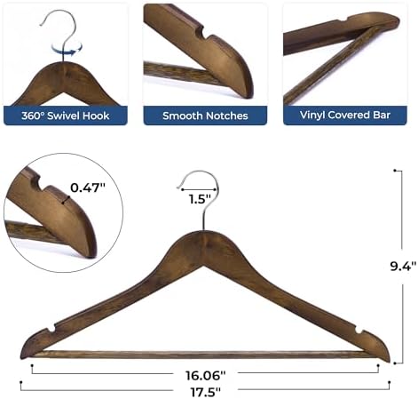 JS Hanger Wooden Coat Hangers, 20 Pack High Grade Wood Suit Hangers with Non Slip Pant Bar - Extra Smooth and Splinter Free Retro Finish Wooden Suit Hangers for Closet Organization - Image 6