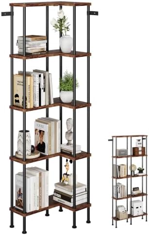 Corner Bookshelf 5-Tier, L-Shaped Bookcase for Small Spaces, Rustic Brown by Homeiju