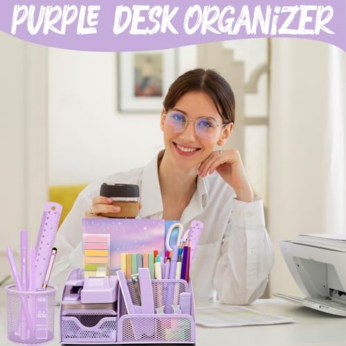 Purple Desk Accessories, 17Pcs Purple Office Supplies Set with Stapler, Mesh Desk Organizer, Tape Dispenser, Staple Remover, Pen Holder, Clips, Pens, Ruler, for Office Home School Women Students Gift - Image 4